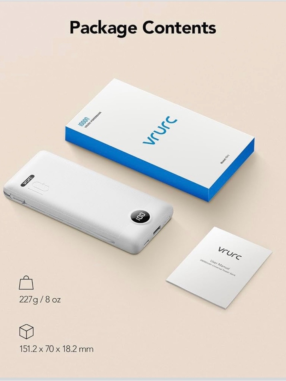 NEW VRURC 10000mAh Portable Charger Power Bank w/ Built-In AC Plug - White